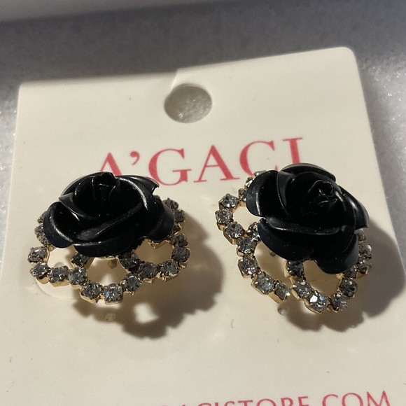 A'GACI Black Rose And Rhinestone Earrings Gothic Formal - Picture 2 of 3